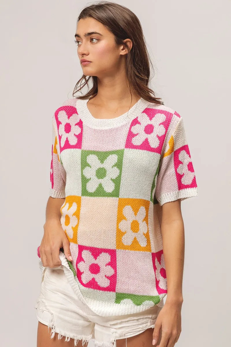 Sweater Top, Flower Checker Pattern Lightweight In Style Chics Boutique Where to buy stylish women’s clothes