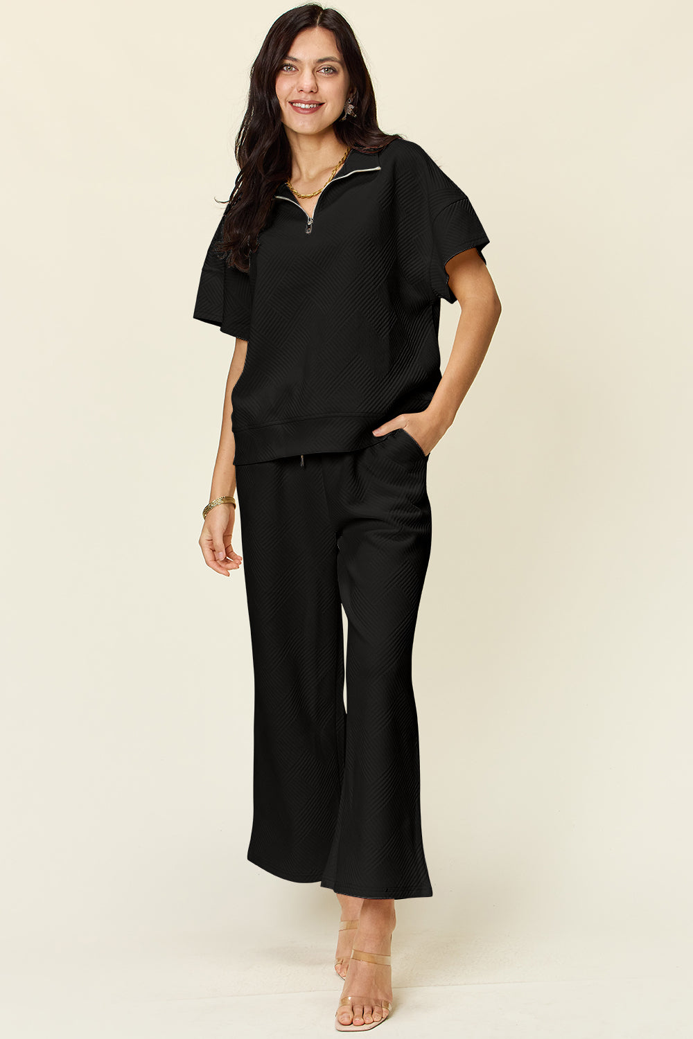 Double Take Texture Half Zip Short Sleeve Top & Pants Set- More Colors! - In Style Chics Boutique LLC