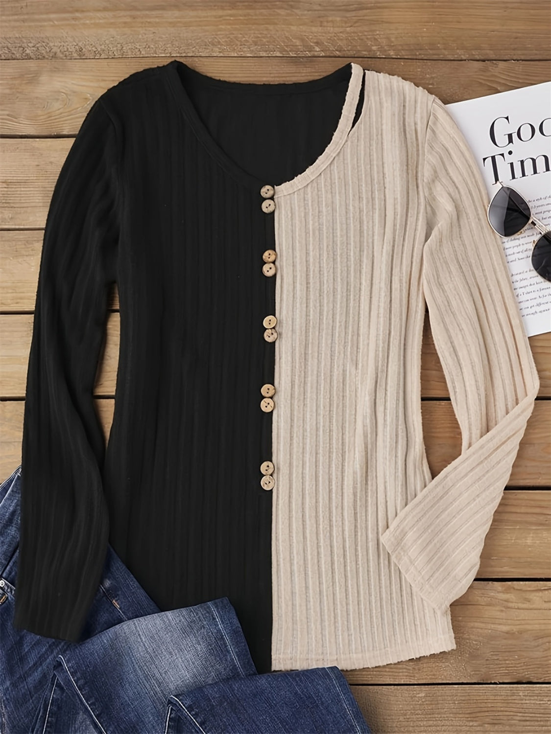 Decorative Button Contrast Round Neck Long Sleeve T-Shirt - In Style Chics Boutique LLC