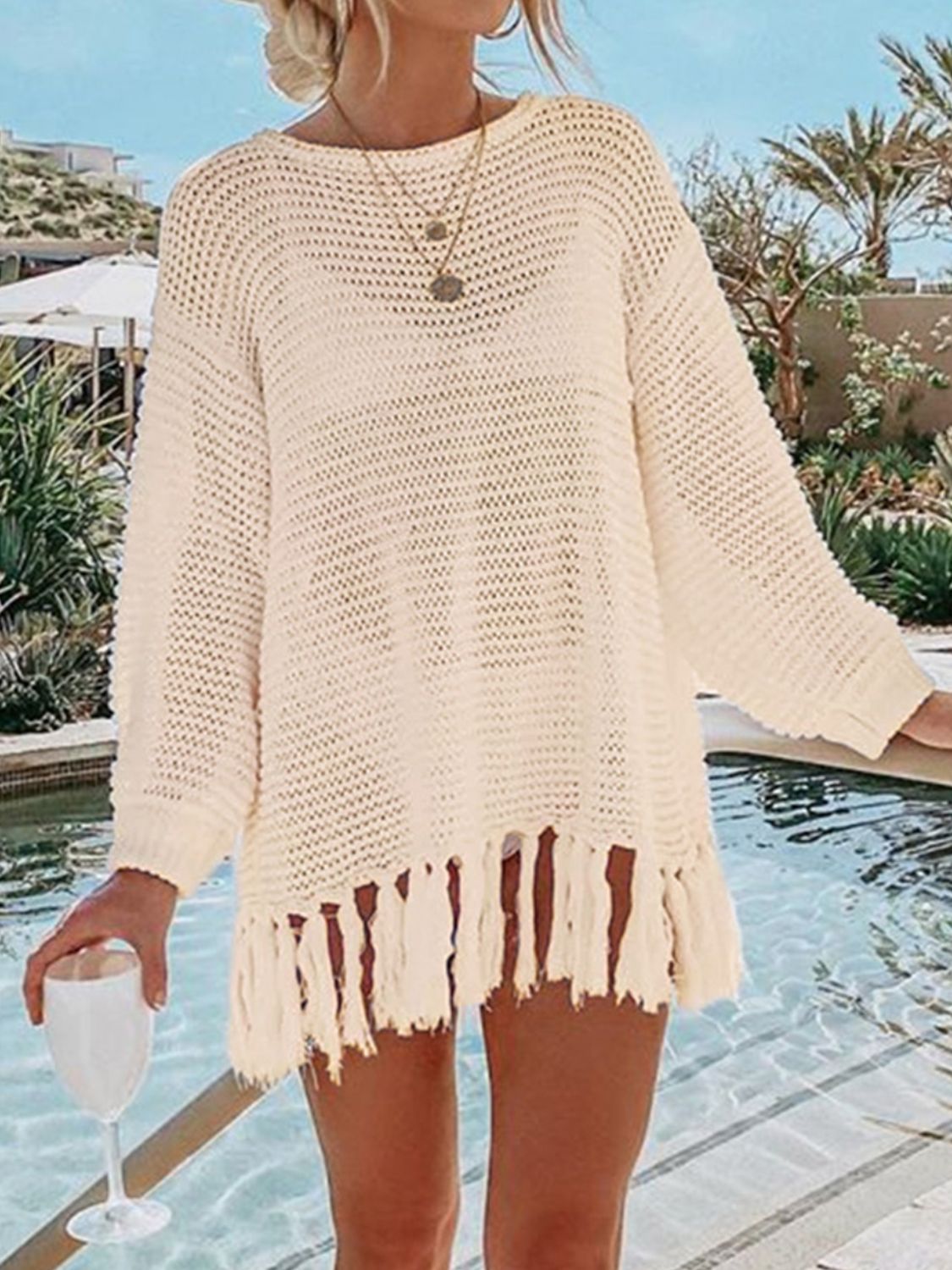 Double Take Openwork Tassel Hem Long Sleeve Knit Cover Up - More Colors! - In Style Chics Boutique LLC