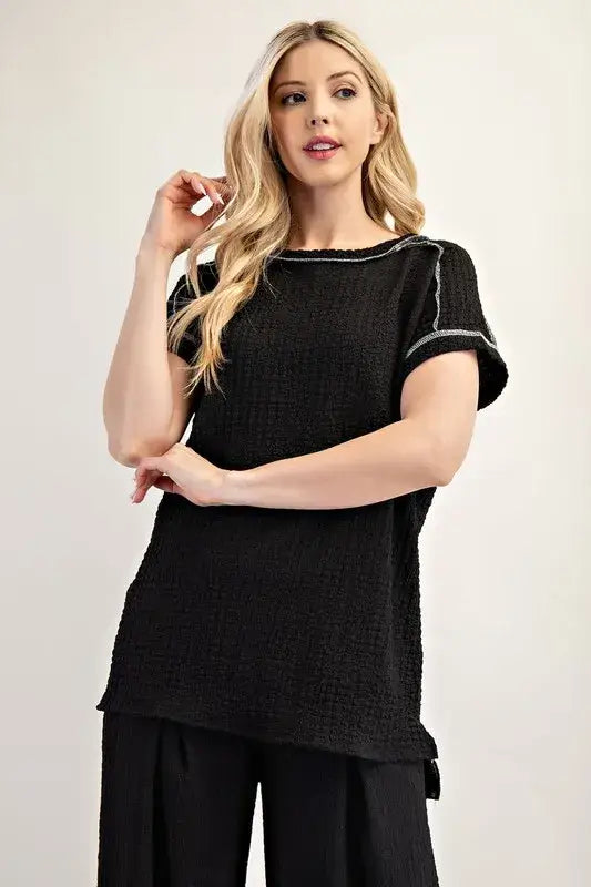 Relaxed-Fit Textured Short Sleeve Top Made in USA - Clothes for women over 40 - In Style Chics Boutique Women's Juniors Plus Size Apparel Online