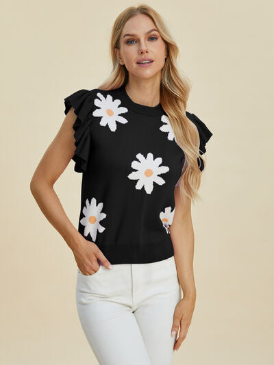 Ruffled Flower Round Neck Cap Sleeve Sweater - In Style Chics Boutique - Shop Online Plus Size Clothing
