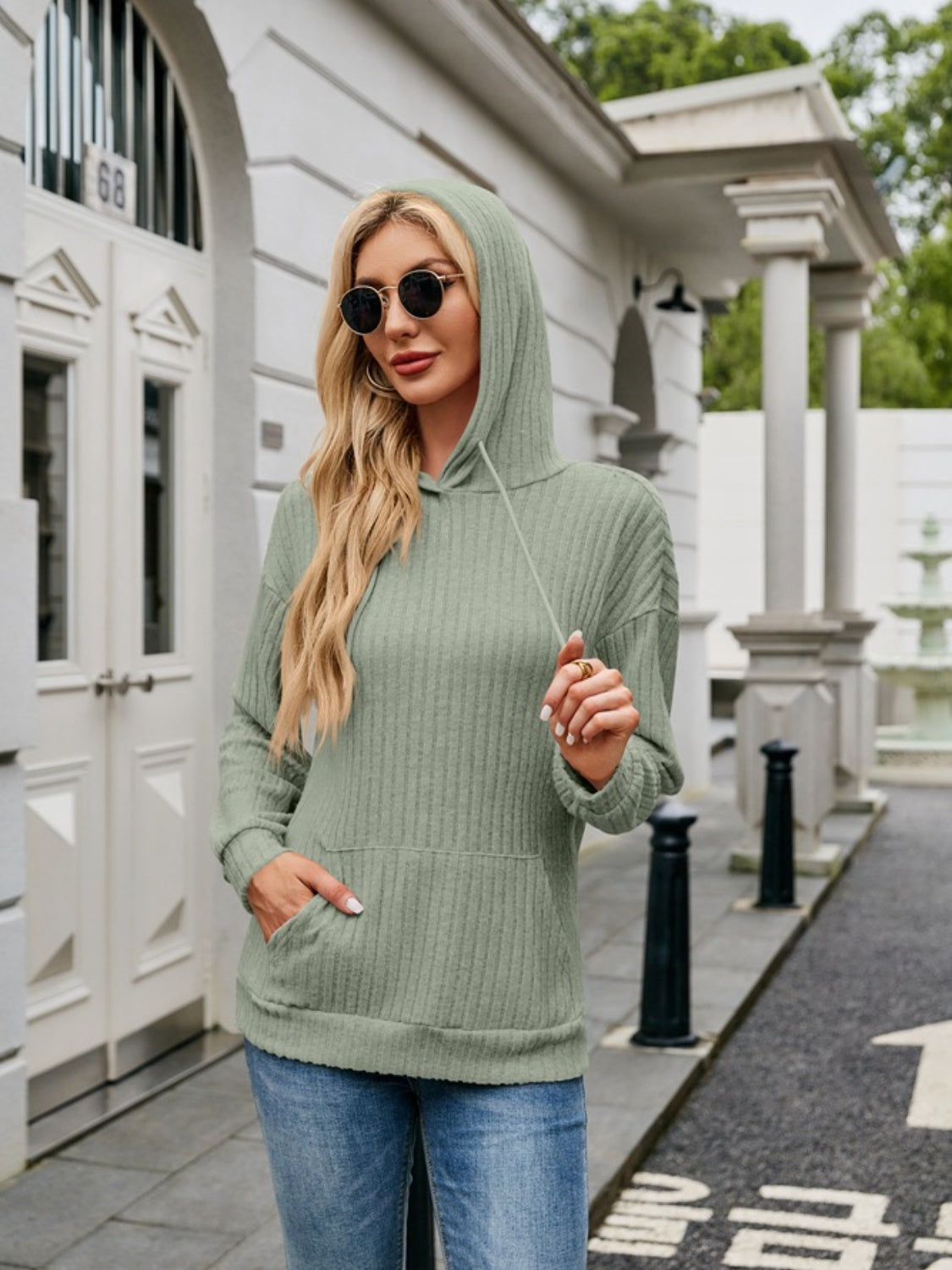 Ribbed Drawstring Long Sleeve Hoodie - In Style Chics Boutique LLC