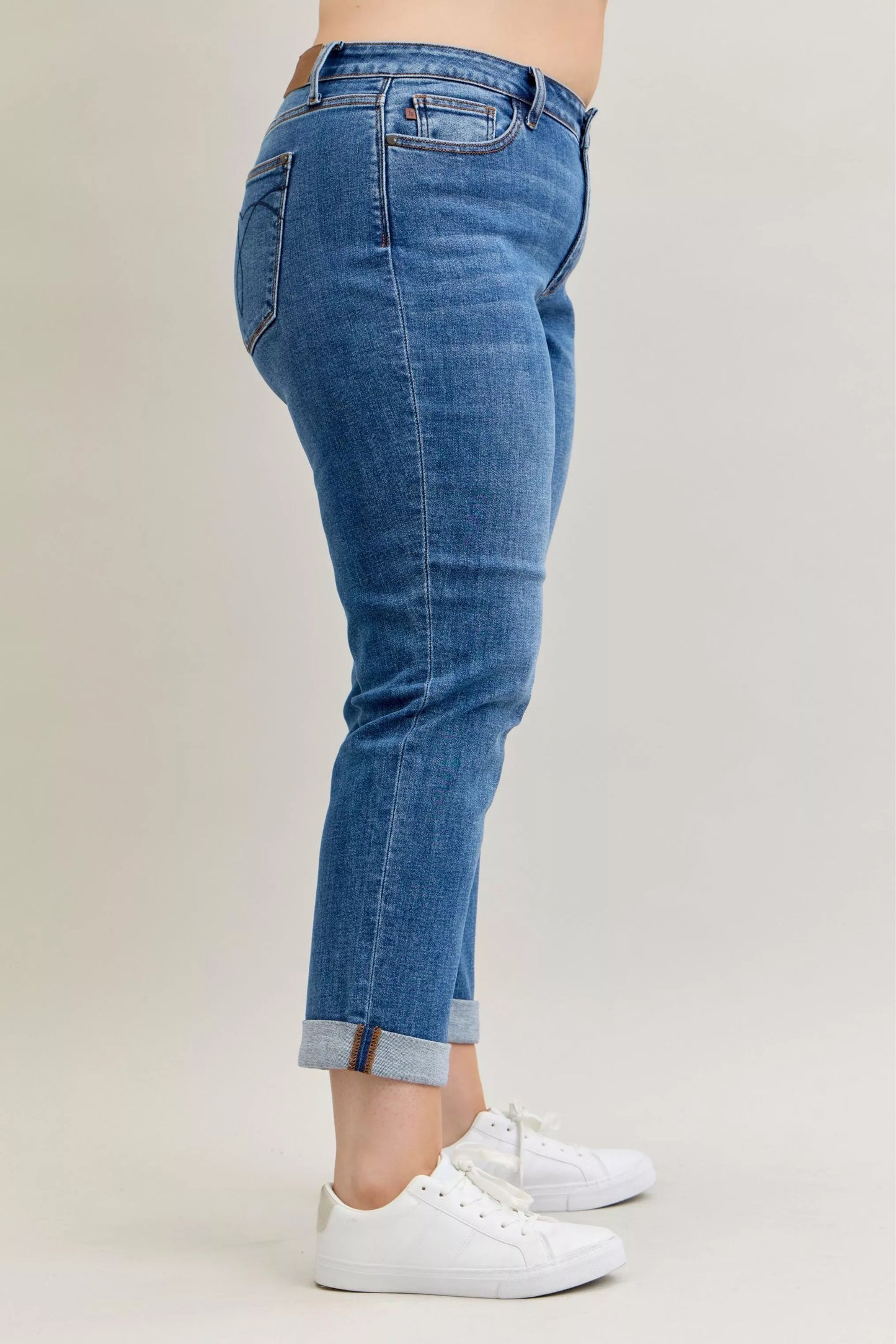 Judy Blue Mid Rise Boyfriend. Classic Cuffed Jeans at In Style Chics Boutique plus size jeans