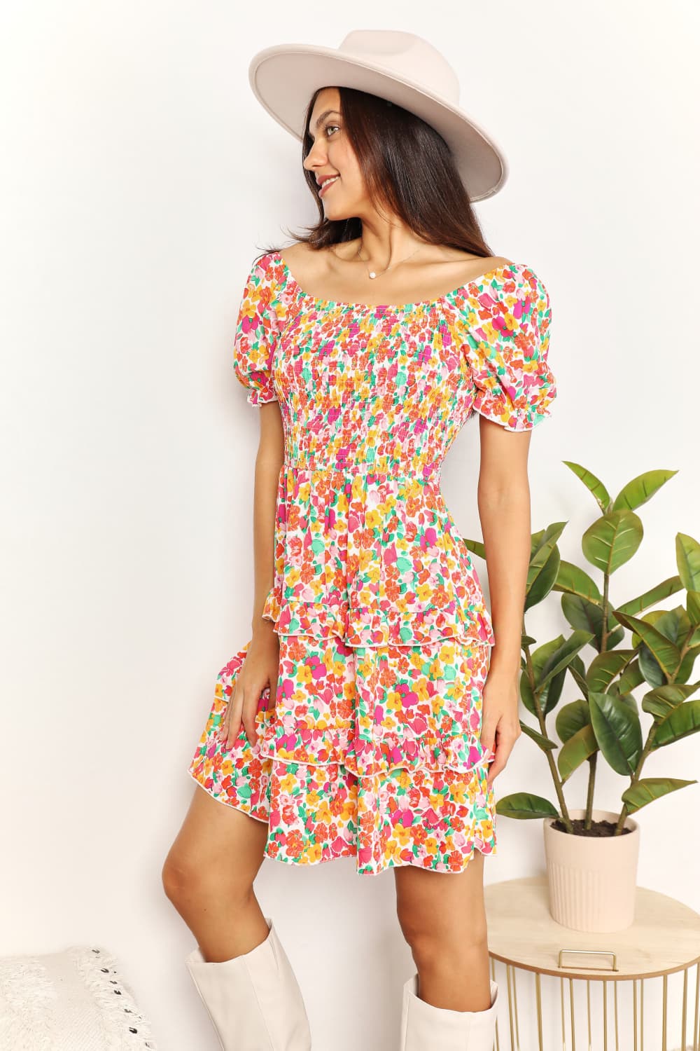 Devine Smocked Sweetheart Neck Flounce Sleeve Mini Dress - In Style Chics Boutique LLC