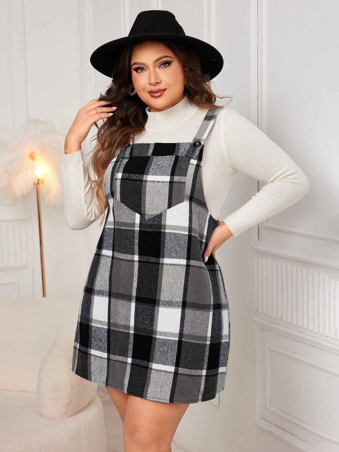 Honey Plus Size Plaid Wide Strap Overall Dress - In Style Chics Boutique LLC