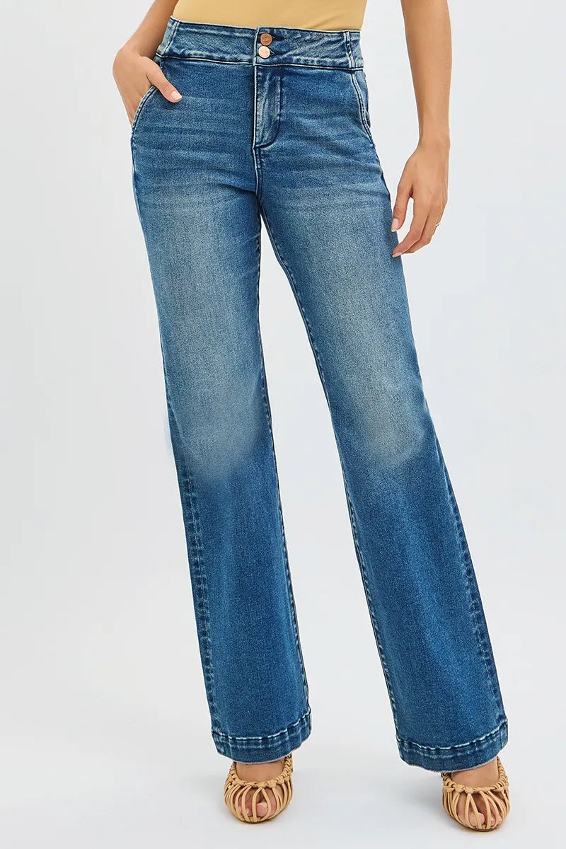 RISEN Tummy Control High Rise Bootcut Jeans Double Button Waist at In Style Chics Boutique