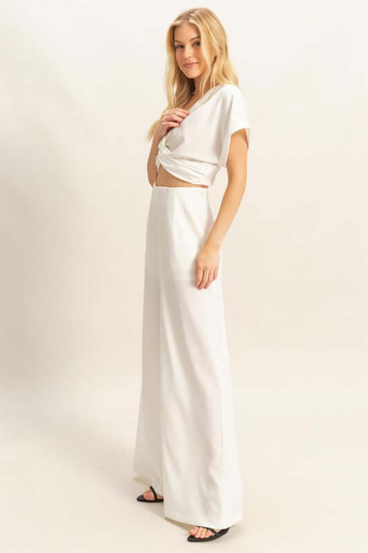 Twisted Front Short Sleeve Top and Wide Leg Pants Set - Cute Clothing Online - In Style Chics Boutique Women's Juniors Apparel