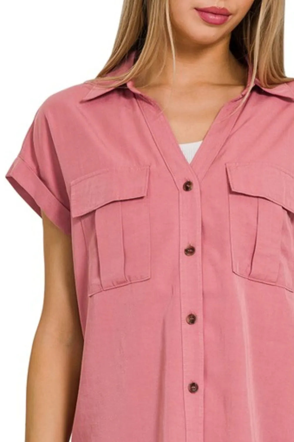 Collared Tencel Shirt, V-neck W Front Flap Pockets - In Style Chics Boutique