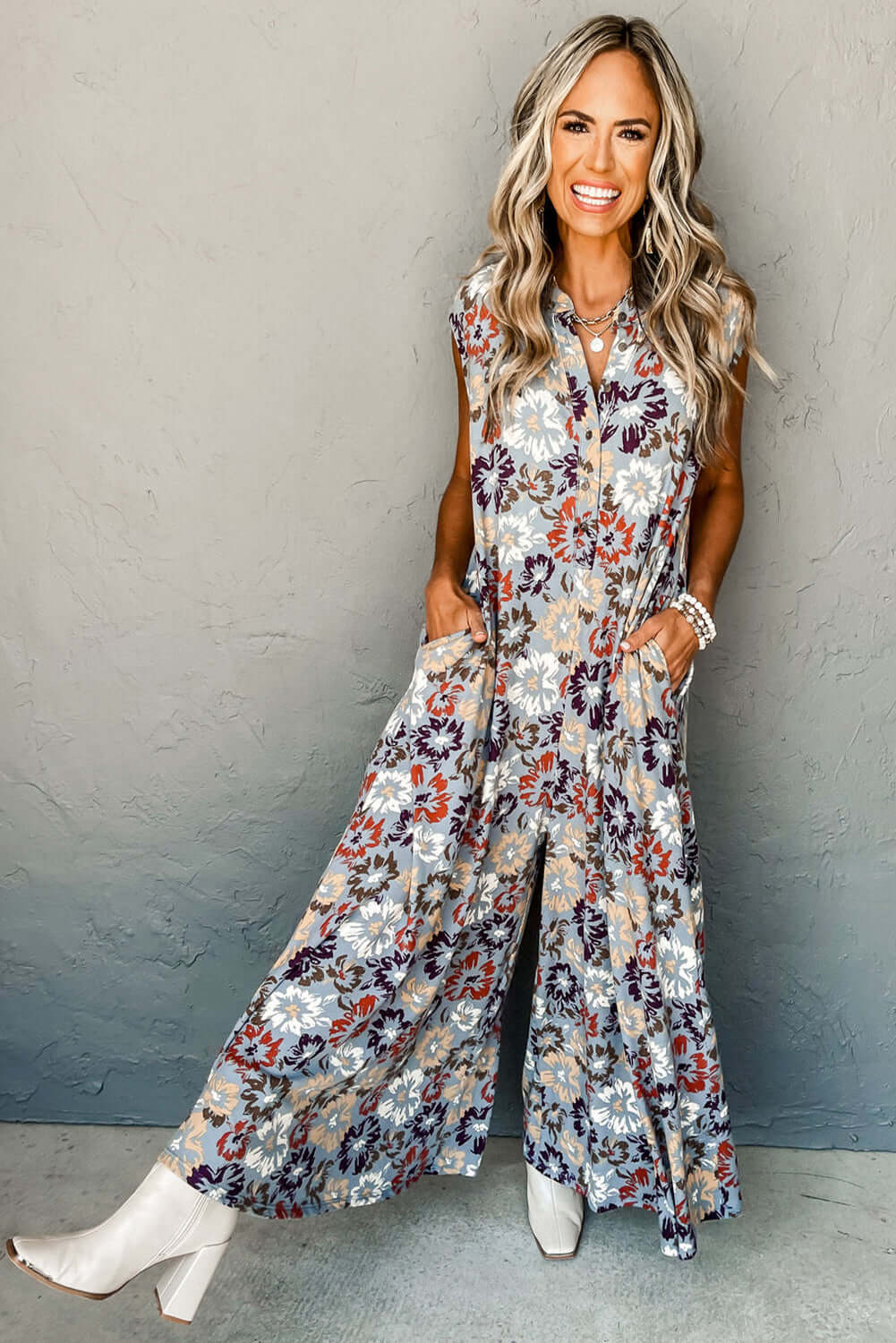 Sky Blue Floral Sleeveless Pocketed Wide Leg Jumpsuit - Cute Clothes for Spring - In Style Chics Boutique Online Women's Juniors Apparel