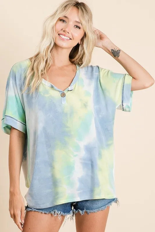 Tie Dye French Terry Top With Buttoned Placket - In Style Chics Boutique