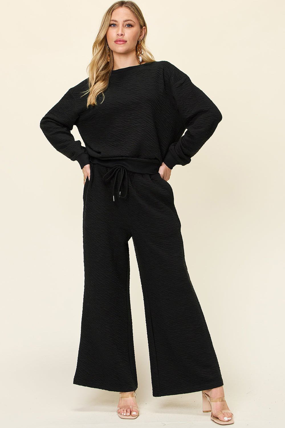 Double Take Full Size Texture Long Sleeve Top and Pants Set - In Style Chics Boutique LLC