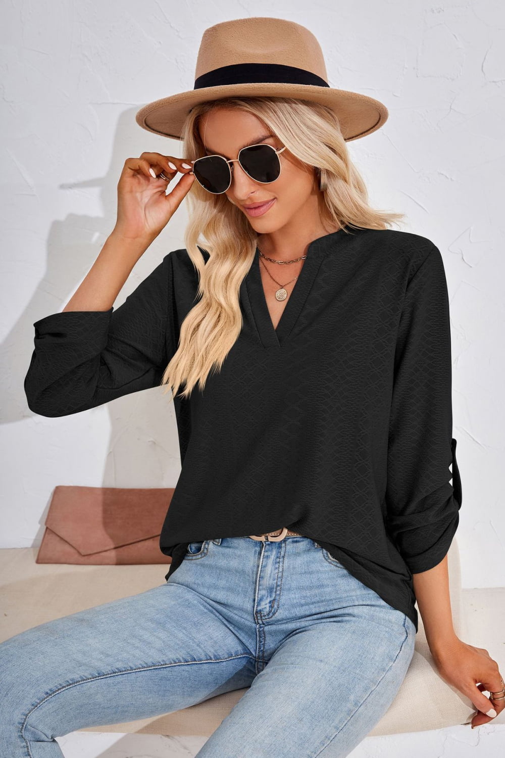 V-Neck Roll-Tap Sleeve Blouse - In Style Chics Boutique LLC
