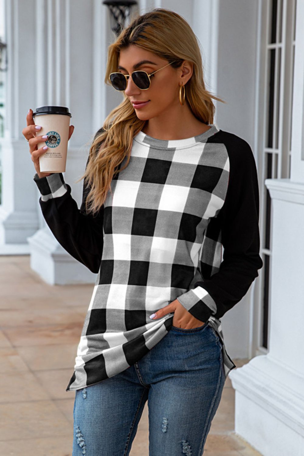 Plaid Round Neck Long Sleeve T-Shirt - In Style Chics Boutique LLC