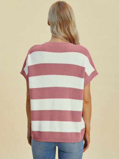 Women's Striped V-Neck Short Sleeve Sweater - In Style Chics Boutique Online Clothing