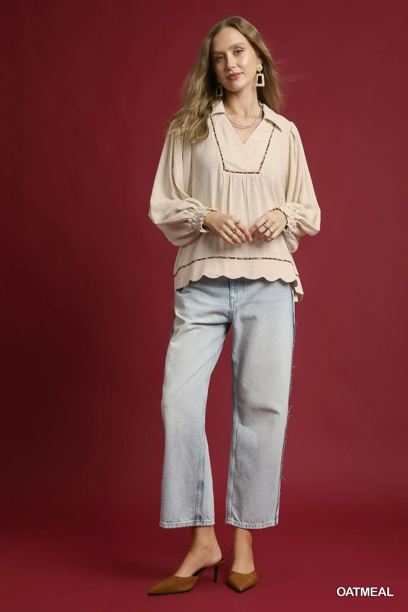 Linen Scallop Hem Blouse with Contrast Trim at In Style Chics Boutique