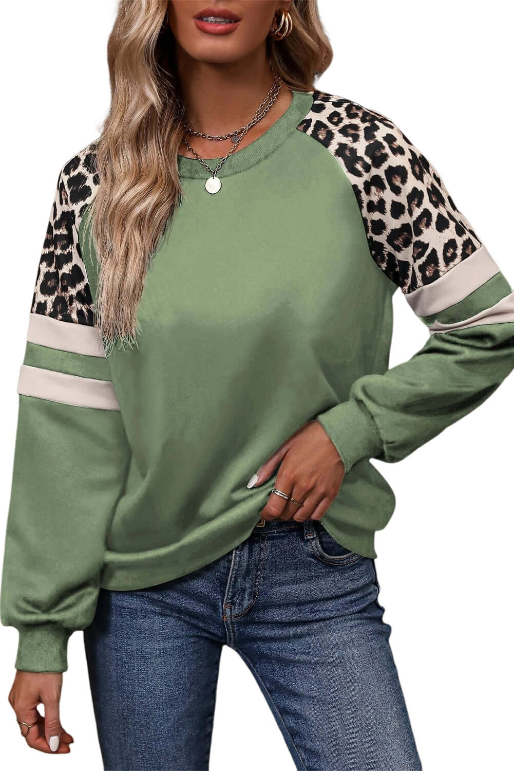 Grass Green Leopard Print Patchwork Raglan Sleeve Sweatshirt - In Style Chics Boutique LLC