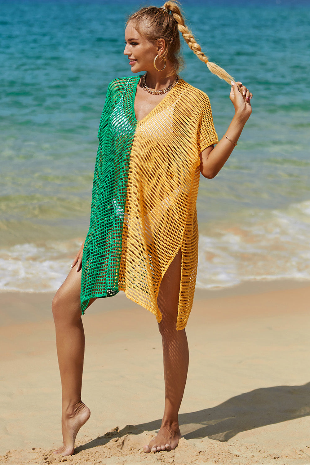 Double Take Openwork Contrast Slit Knit Cover Up - In Style Chics Boutique LLC