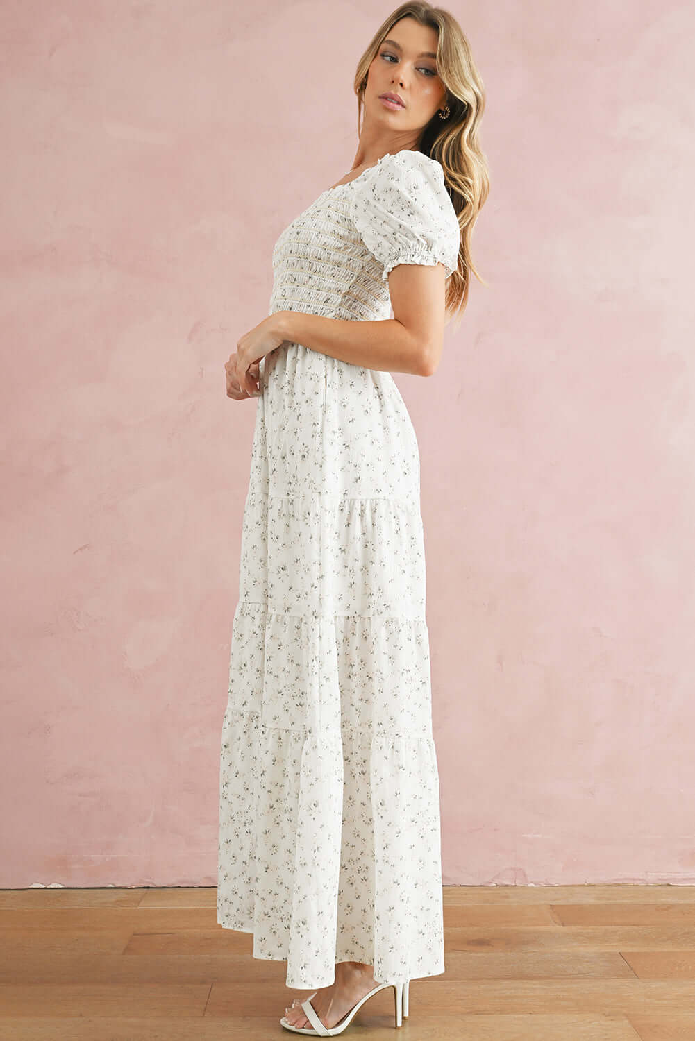 White Frill Neckline Shirred Bodice Floral Maxi Dress - In Style Chics Boutique Online Clothing Women's Juniors Apparel