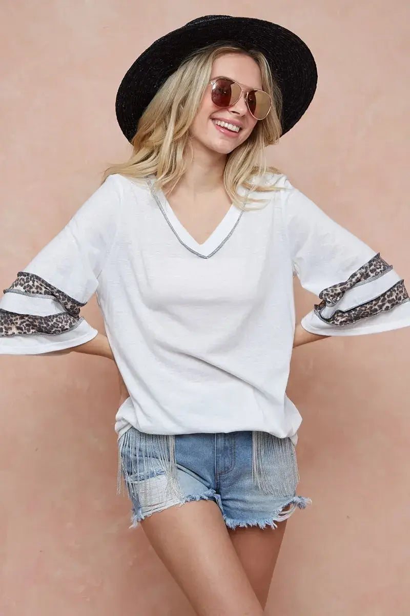 Triblend Knit Top with Leopard Band Detail - Ship from USA - In Style Chics Boutique Women's Juniors Apparel Online