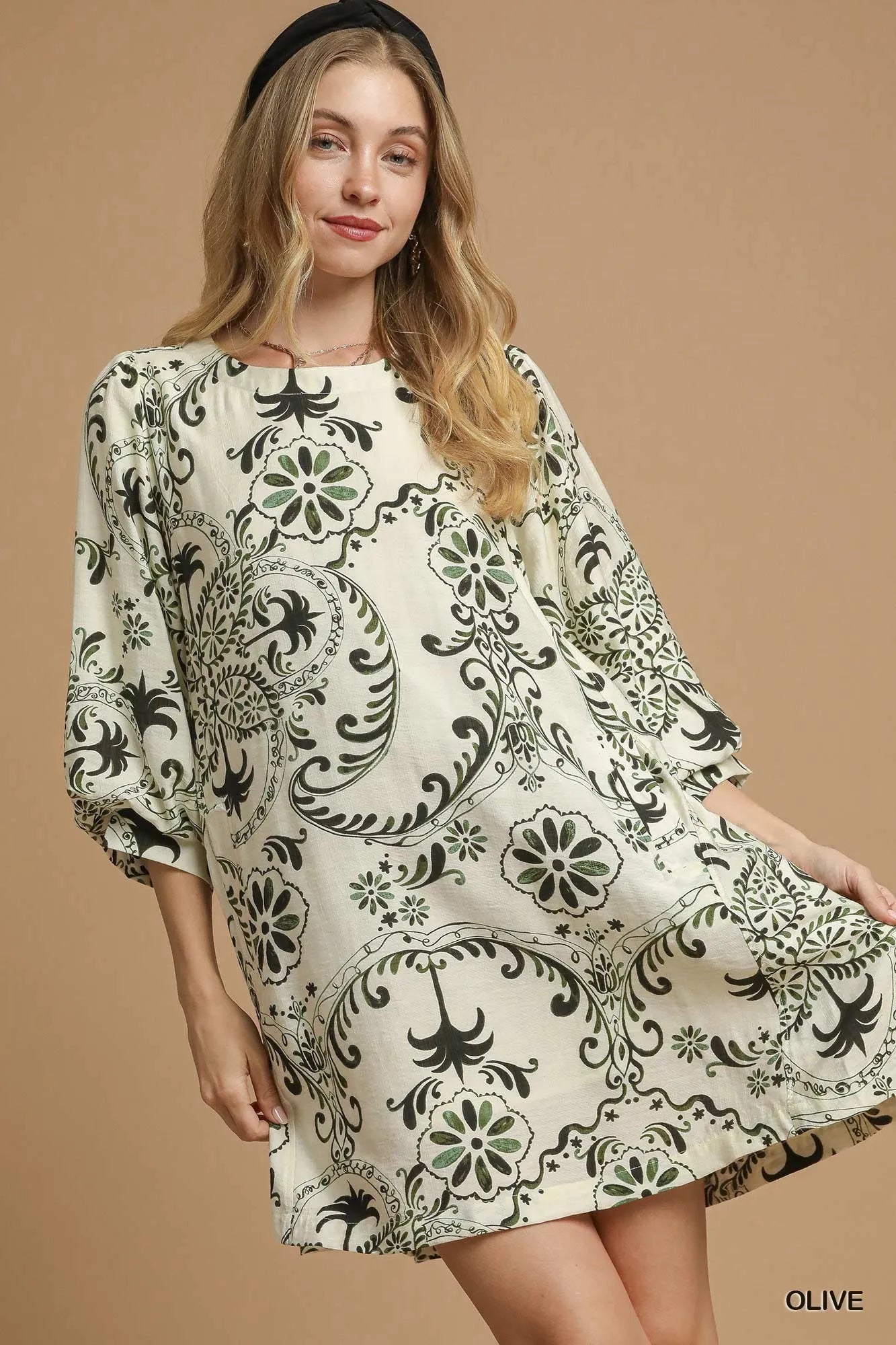 Boho Printed Balloon Sleeve Mini Dress at In Style Chics Boutique