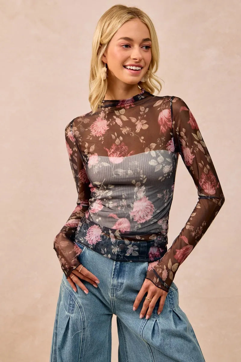 Flower Printed Mesh Lace Top with Thumb Opening at In Style Chics Boutique