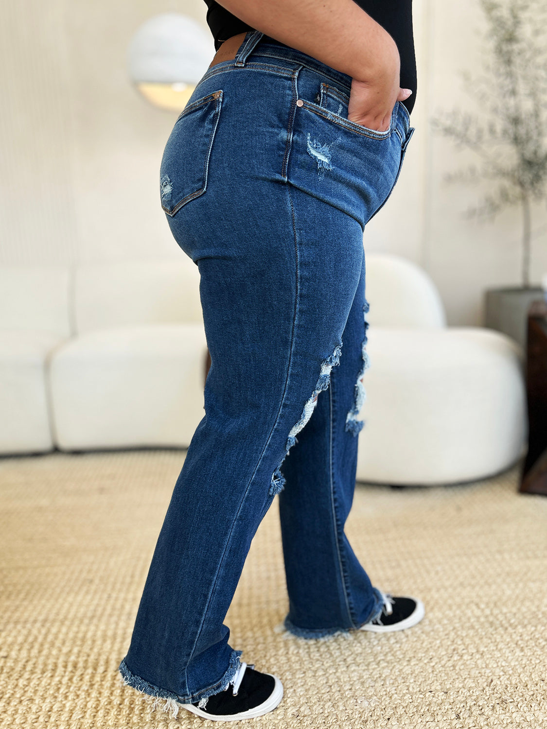 Judy Blue Full Size Mid Rise Distressed Raw Hem Women’s Jeans - In Style Chics Boutique LLC