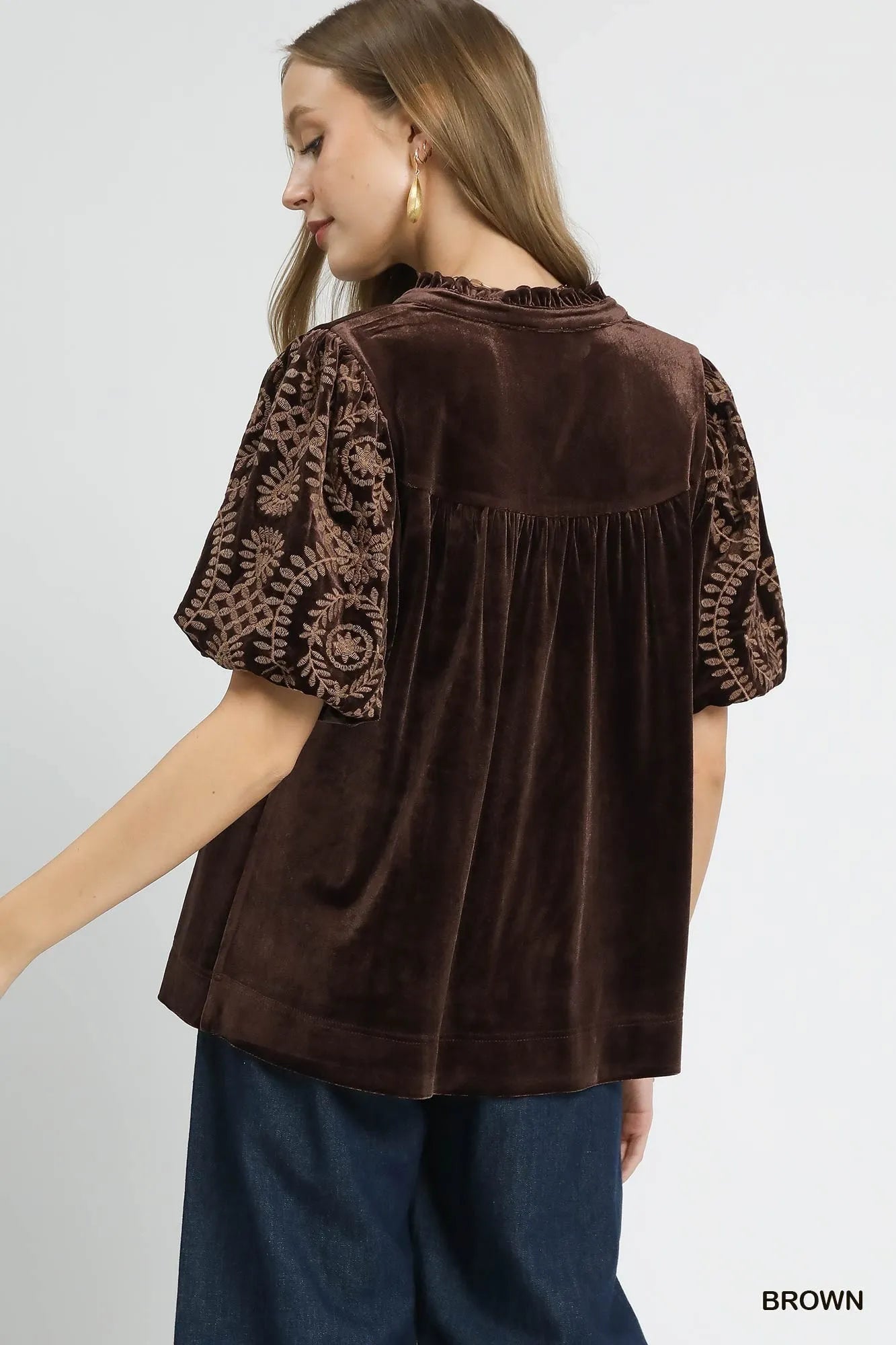 Velvet Embroidered Sleeve Blouse at In Style Chics Boutique