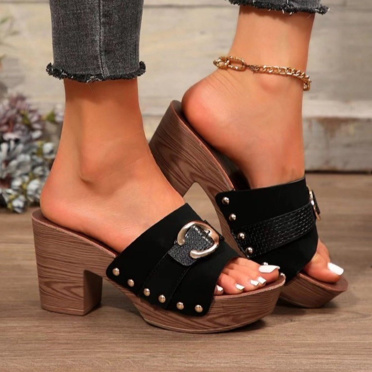Buckle Trim Block Heel Sandals - In Style Chics Boutique LLC