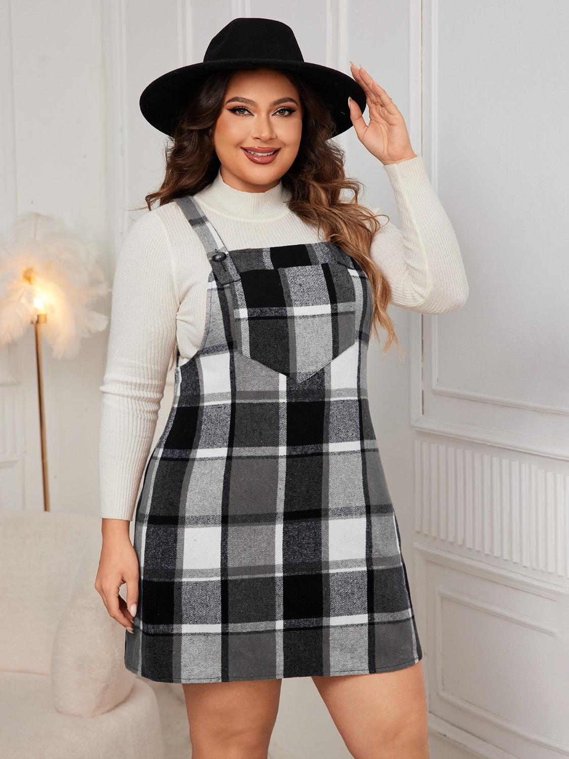 Honey Plus Size Plaid Wide Strap Overall Dress - In Style Chics Boutique LLC