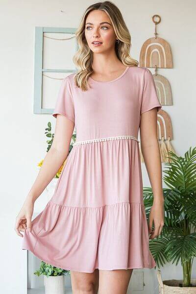 Solid Mini Tiered Dress with Pompom Lace - In Style Chics Boutique