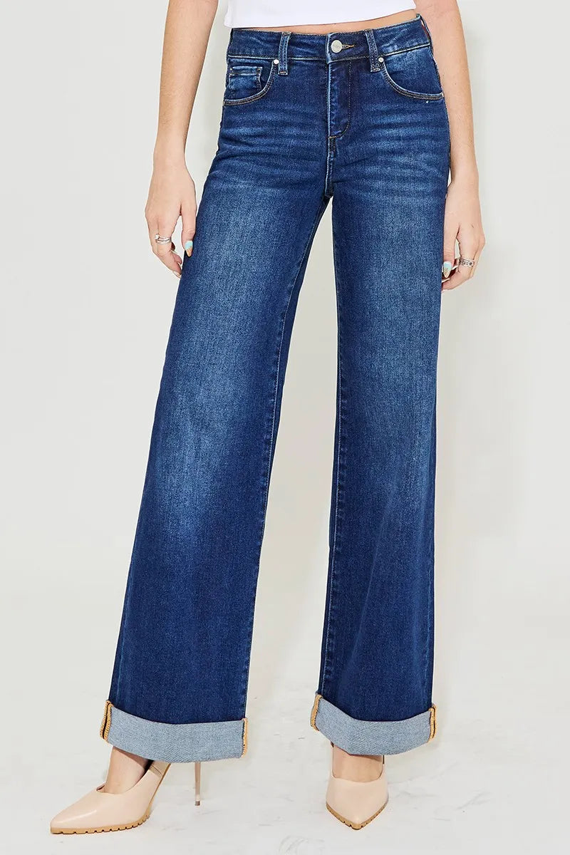 RISEN Tummy Control High Rise Wide Leg Cuffed Jeans - In Style Chics Boutique Women's Juniors Plus Size Clothes Online