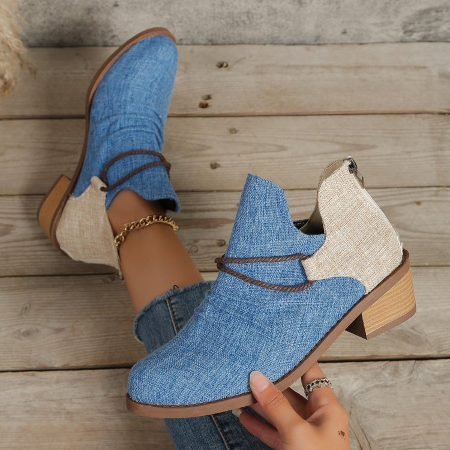 Contrast Canvas Low Heel Boots - In Style Chics Boutique LLC