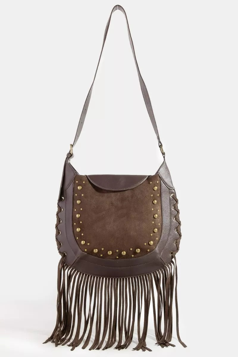 Rivet Trim Suede Fringe Shoulder Bag at In Style Chics Boutique