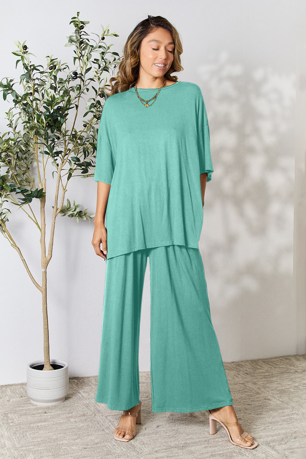 Double Take Round Neck Slit Top and Pants Set - More Colors! - In Style Chics Boutique LLC