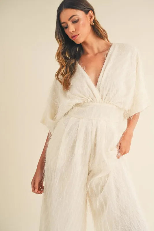Fluffy Deep V Neck Wide Leg Jumpsuit - sophisticated look - In Style Chics Boutique Women's Juniors Apparel Online