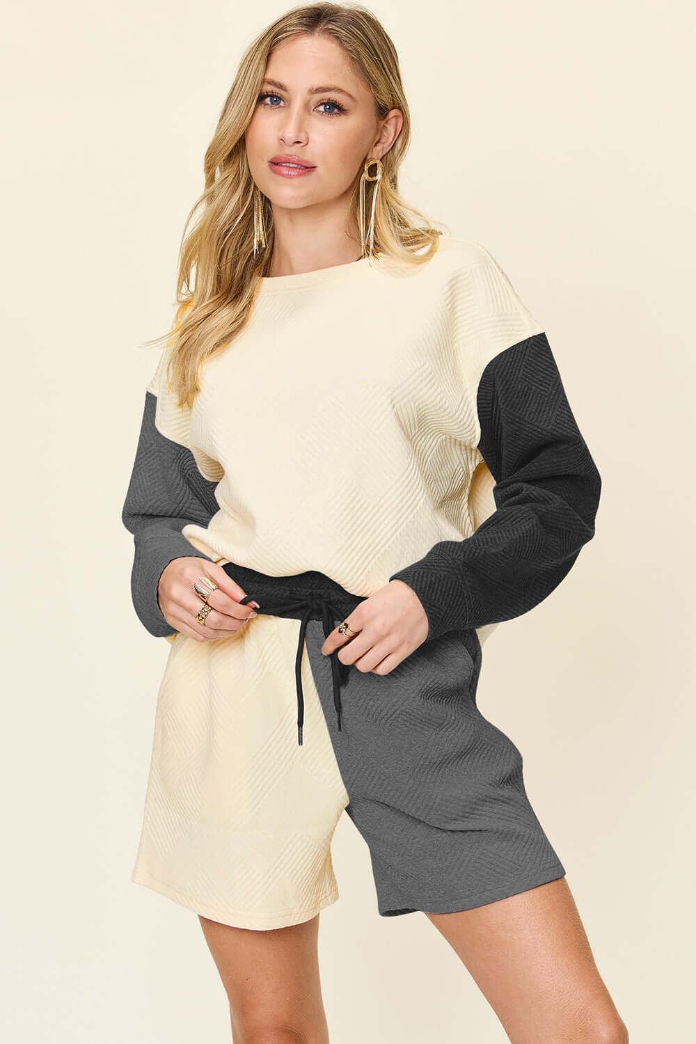 Double Take Full Size Contrast Drop Shoulder Top and Shorts Set - In Style Chics Boutique LLC
