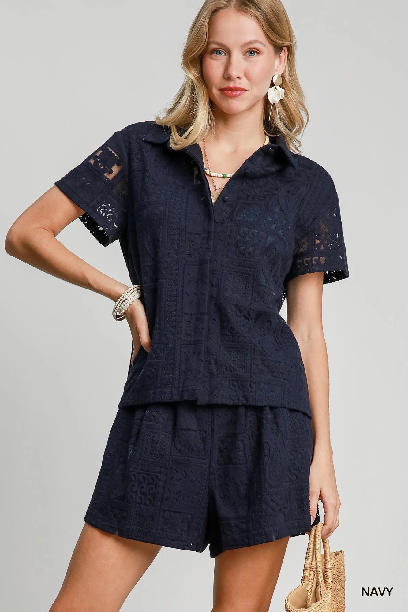Short Sleeve Button Down Navy Shirt Patch Lace at In Style Chics Boutique