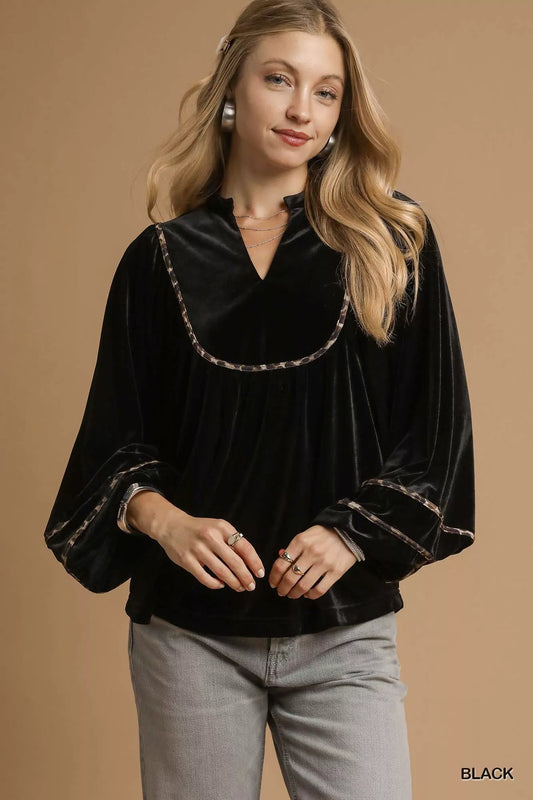 Velvet Long Sleeve Blouse with Contrast Trim at In Style Chics Boutique