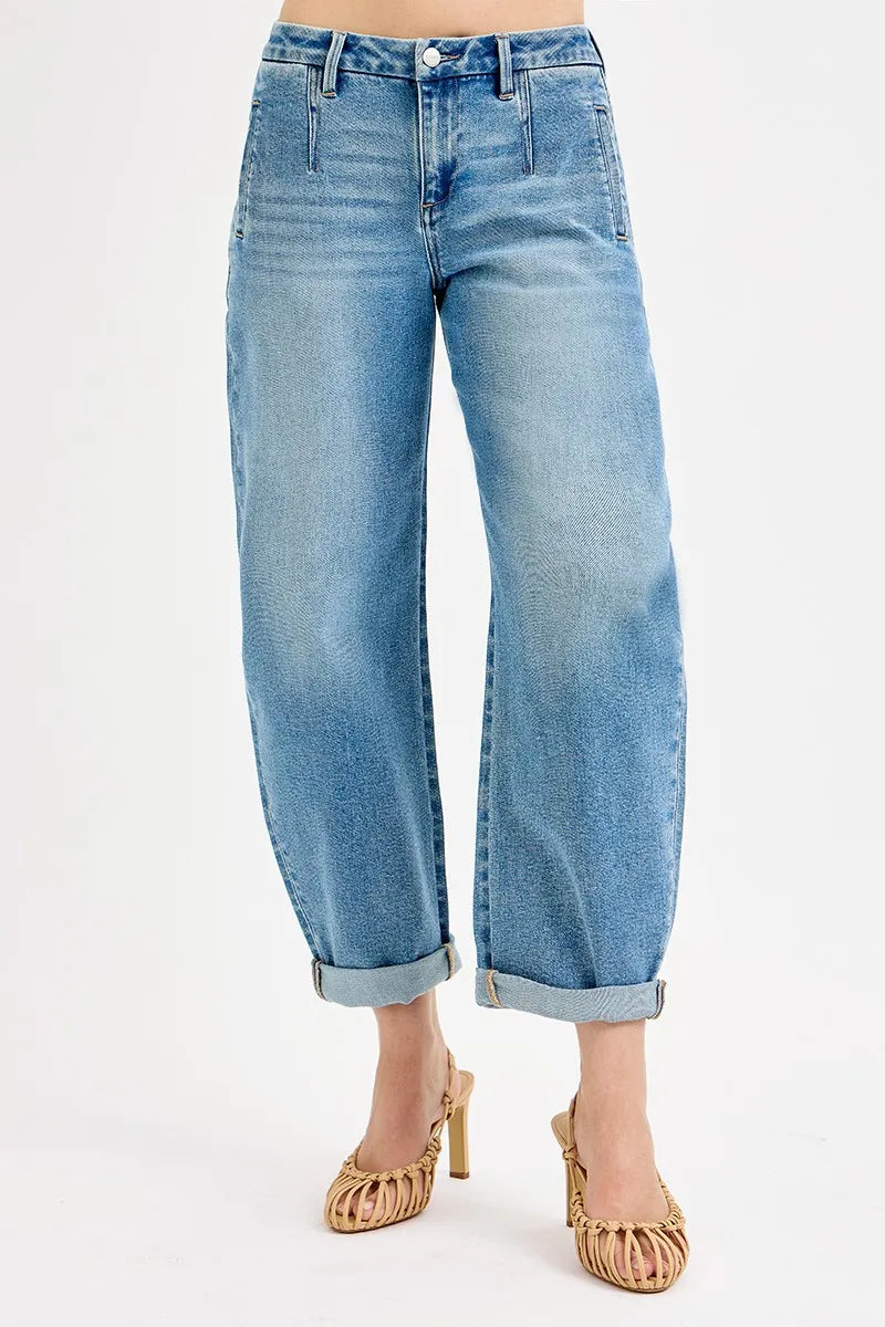 Mid Rise Fit Barrel Roll Up Jeans at In Style Chics Boutique