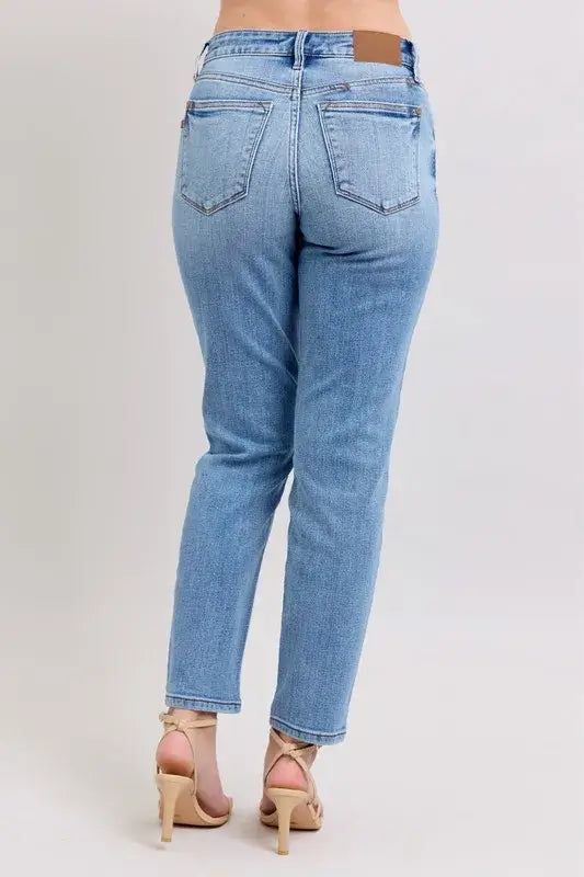 Judy Blue Mid Rise Vintage Wash Slim Jeans with Cell Phone Pocket - In Style Chics Boutique Women's Juniors Plus Size Apparel Online