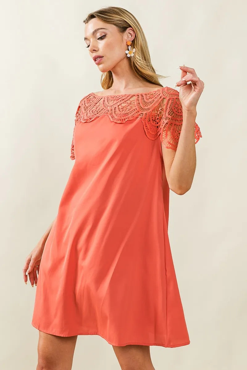 Crochet Lace Yoke Detailed Wrinkled Dress - In Style Chics Boutique Women's Juniors Clothes