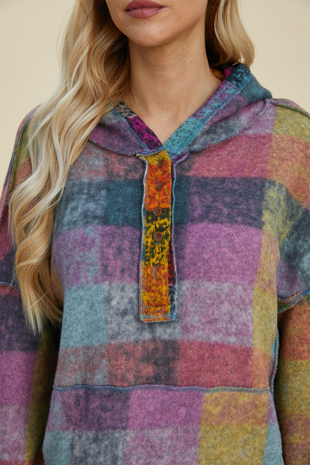 Double Take Full Size Plaid Dropped Shoulder Fleece Hoodie - In Style Chics Boutique LLC