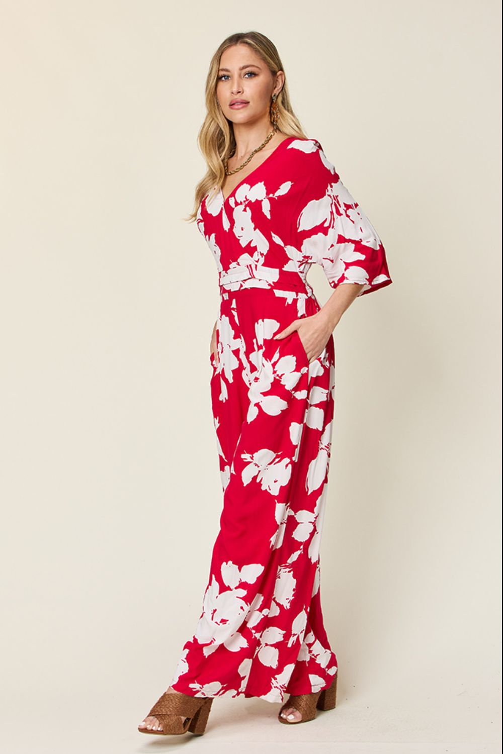 Double Take Full Size Printed Tie Back Wide Leg Jumpsuit - In Style Chics Boutique LLC