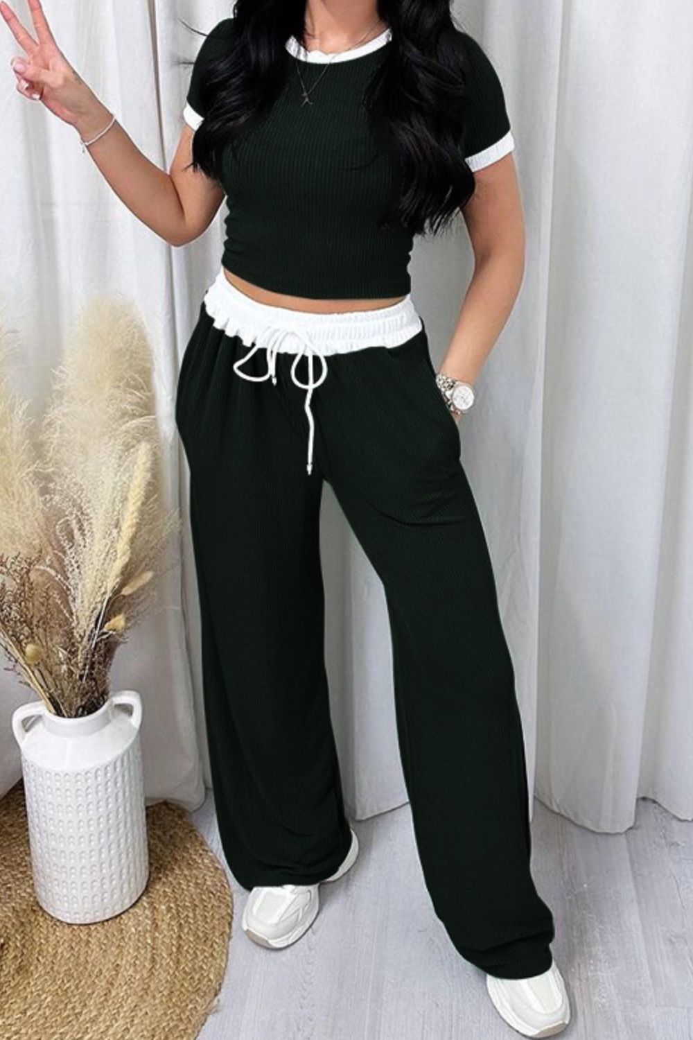 Contrast Trim Round Neck Top and Pants Set - In Style Chics Boutique LLC
