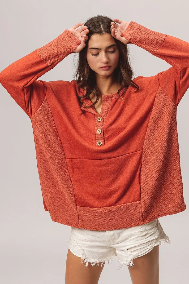French Terry Knit Side Block Buttoned Henley Top at In Style Chics Boutique