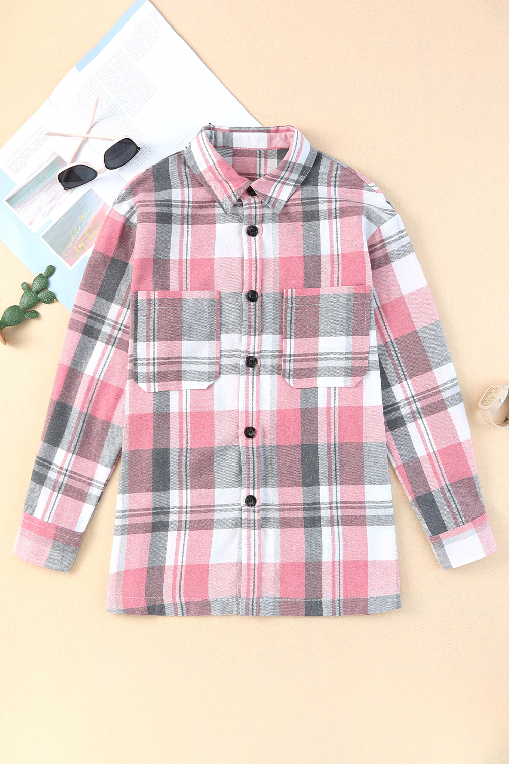 Pink Long Sleeve Collared Button Up Flannel Shacket - In Style Chics Boutique LLC