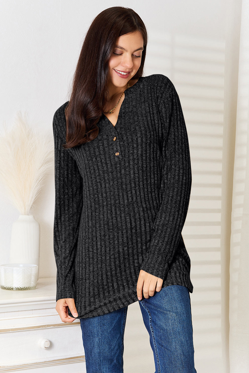 Notched Neck Ribbed Long Sleeve T-Shirt - In Style Chics Boutique Online Clothing Women's Juniors Plus Size