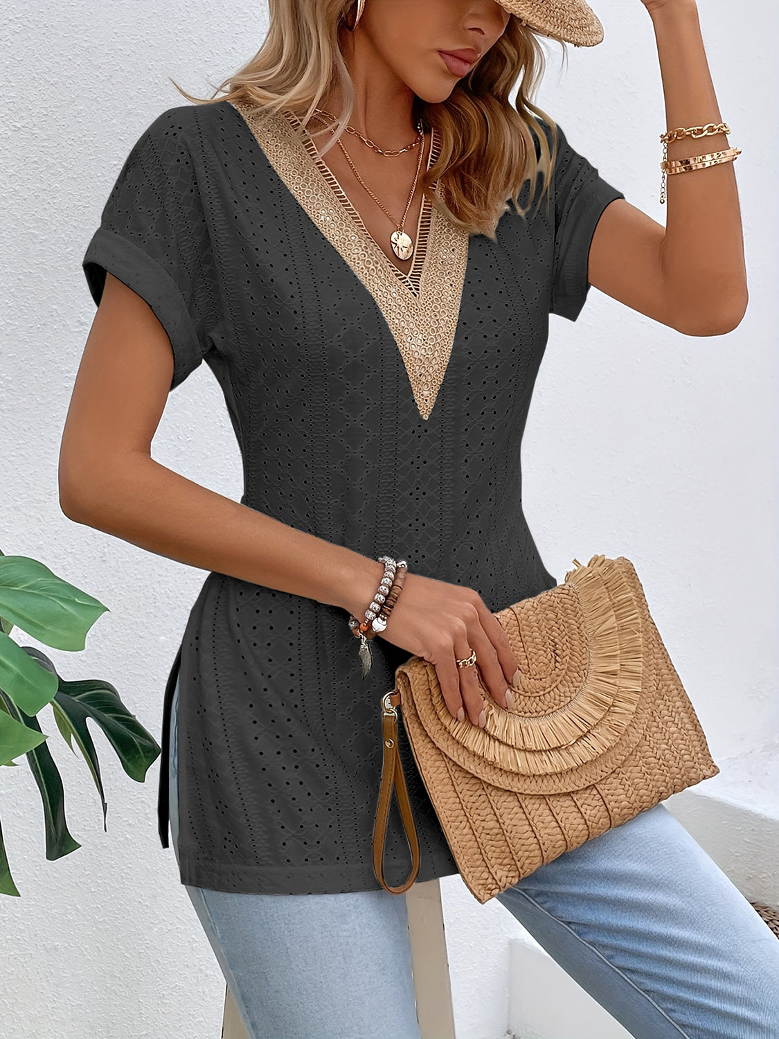 Slit Eyelet V-Neck Short Sleeve Blouse - More Colors! - In Style Chics Boutique LLC
