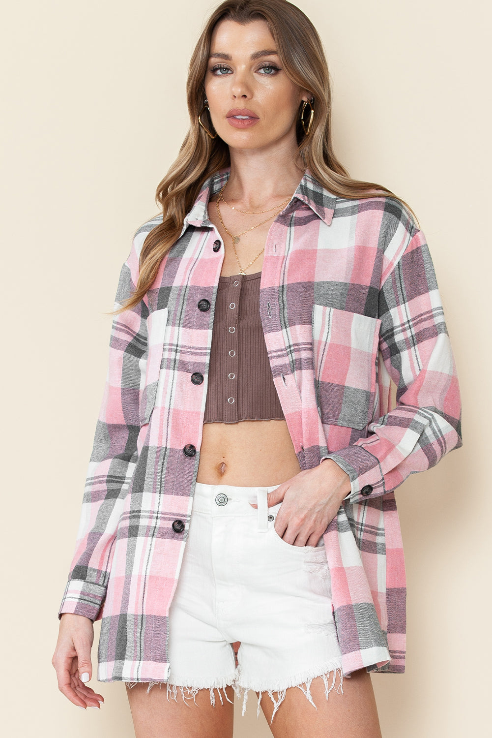 Pink Long Sleeve Collared Button Up Flannel Shacket - In Style Chics Boutique LLC